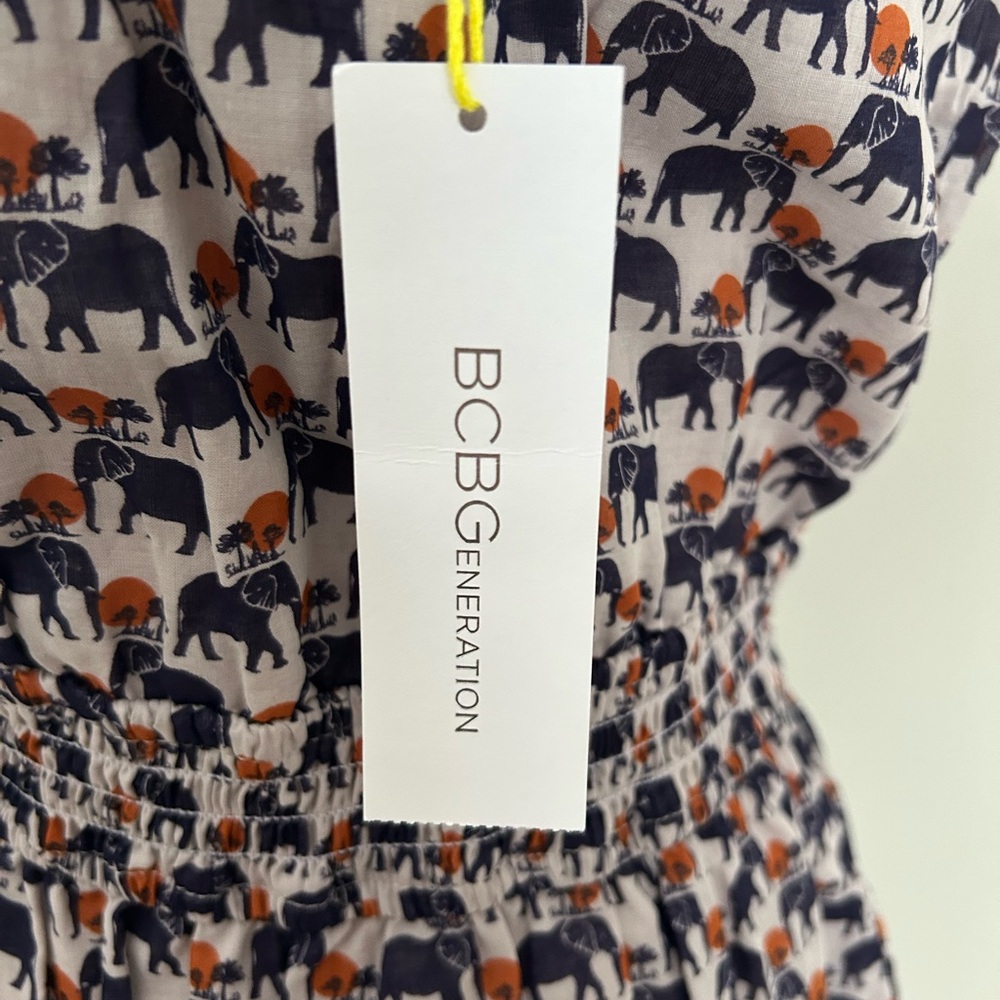 NWT BCBGeneration Strapless Elephant Print Dress Navy Orange Safari BUTTON Large - Picture 8 of 16